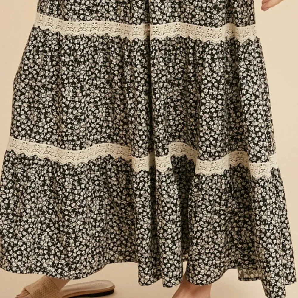 NEW Black Ditsy Floral Smock Square Neck Bodice Lace Trim Skirt Boho Maxi Dress - Picture 6 of 11